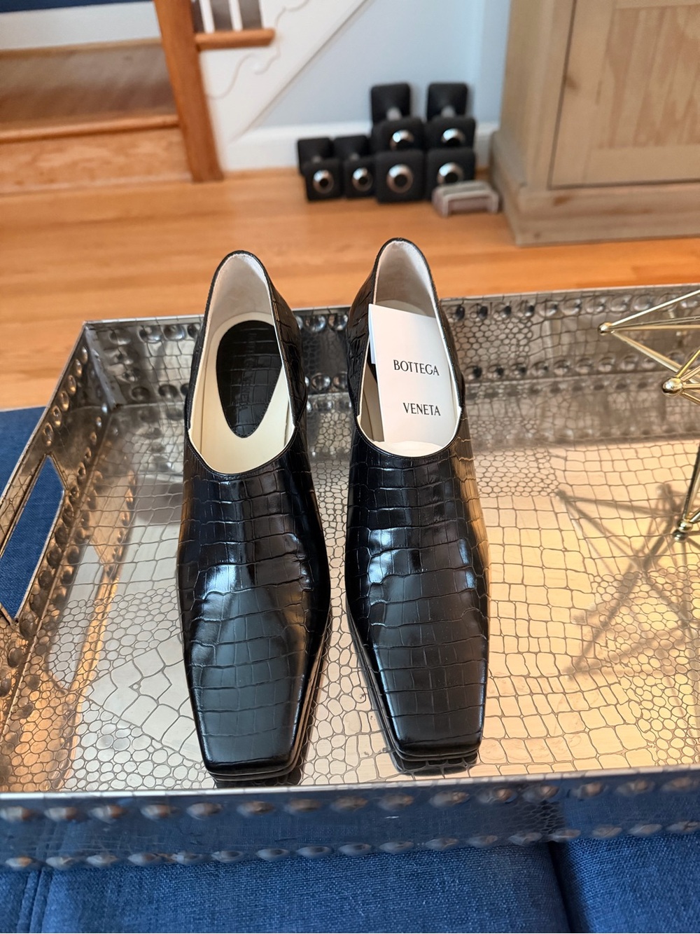 Bottega Veneta Black Croc-Embossed Leather Square-Toe Slip-Ons